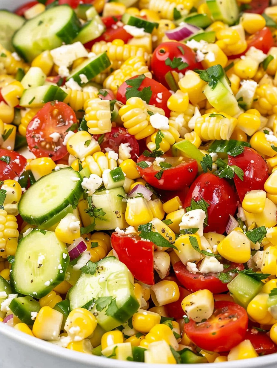 A colorful salad with corn, tomatoes, cucumbers, and cheese.