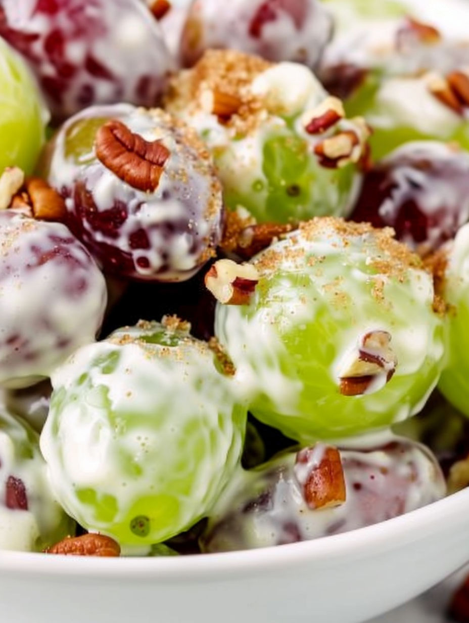 A bowl of grape salad with nuts.