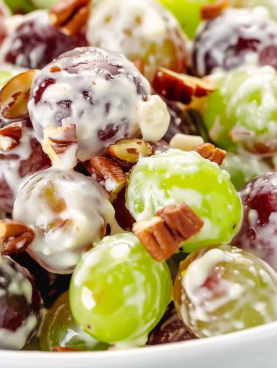 A bowl of grapes with nuts on top.