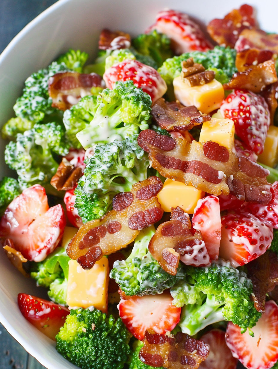 A bowl of salad with broccoli, strawberries, bacon, and cheddar cheese.