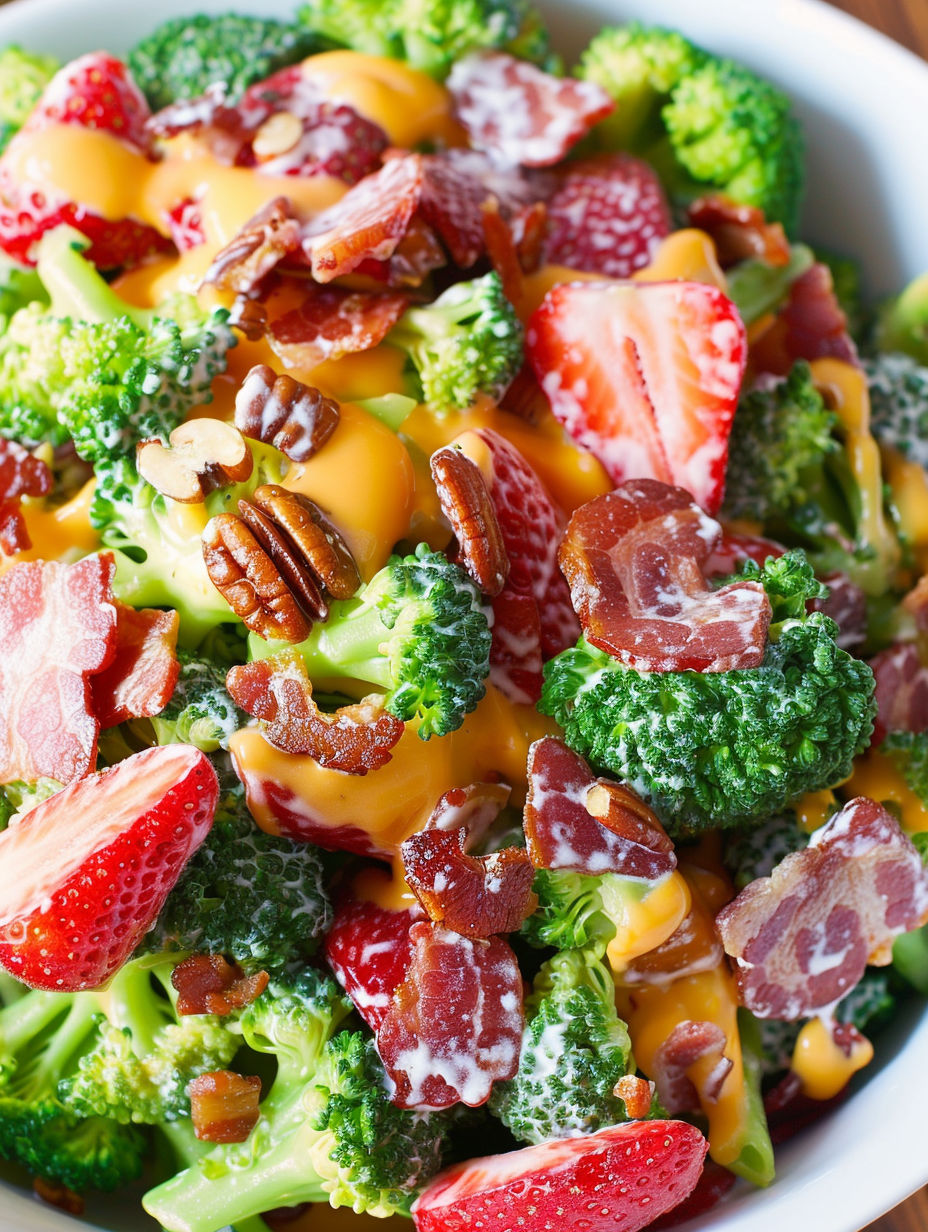 A salad with broccoli, strawberries, bacon, and cheddar cheese.