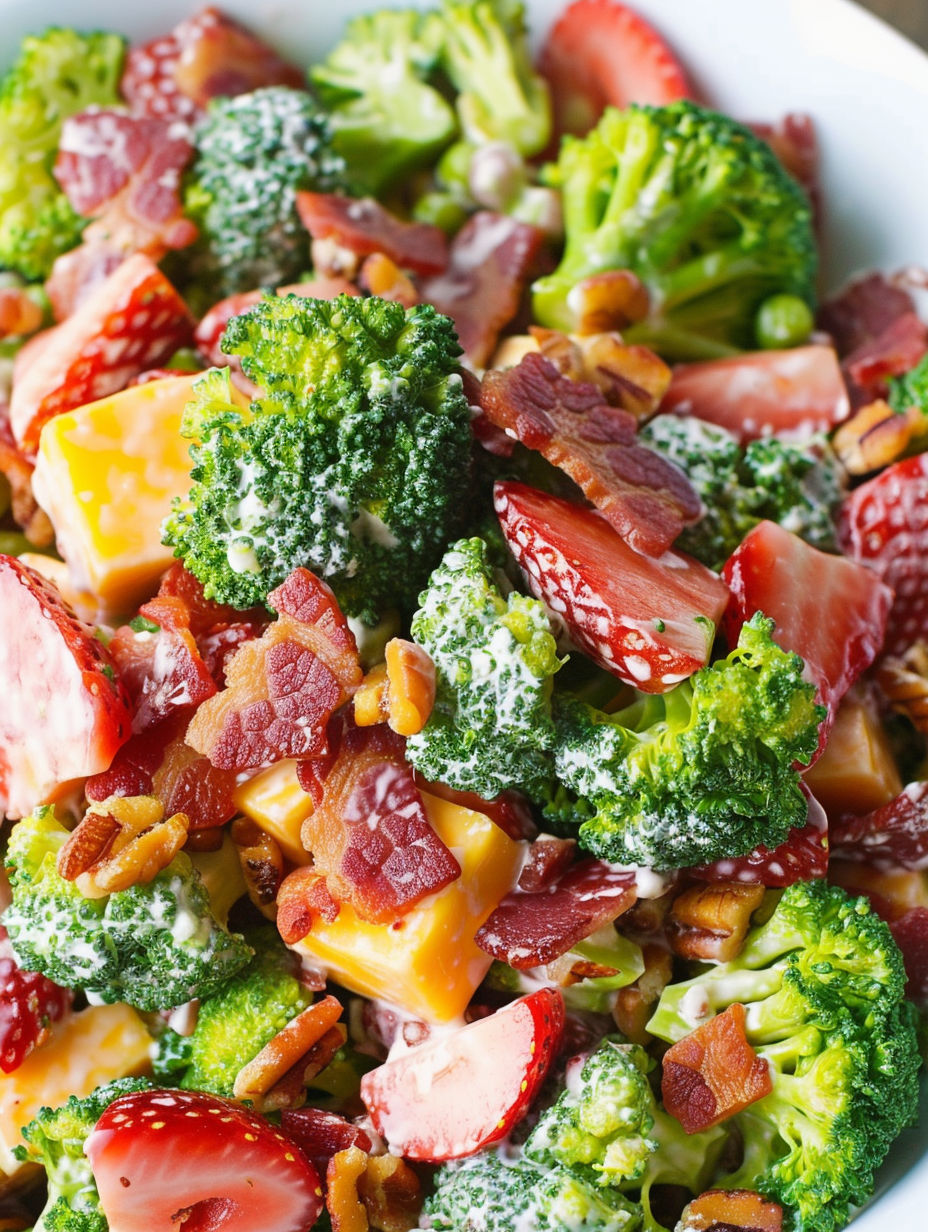A salad with broccoli, strawberries, bacon, and cheddar cheese.