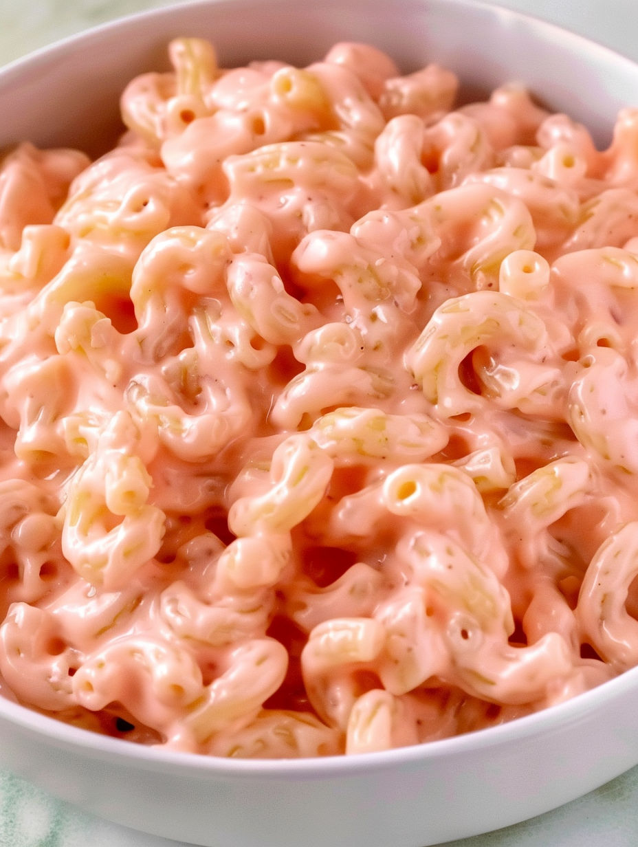 A bowl of pink mac and cheese.