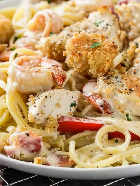 A plate of chicken and shrimp carbonara.