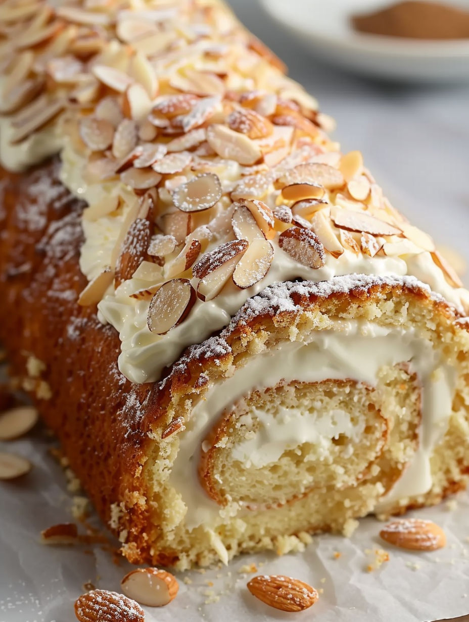 A cake with almonds on top.