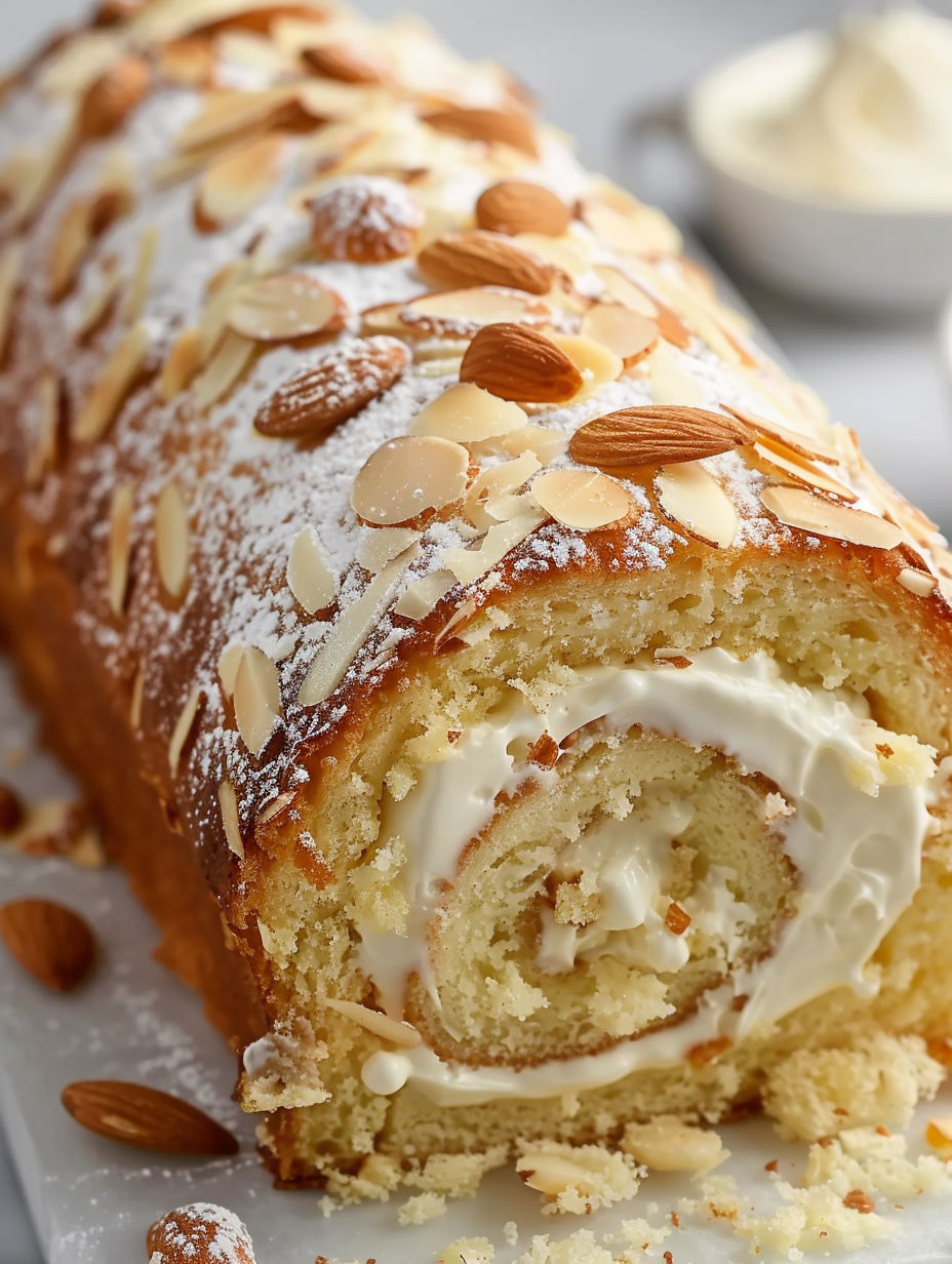 A cake with a white frosting and almonds on top.