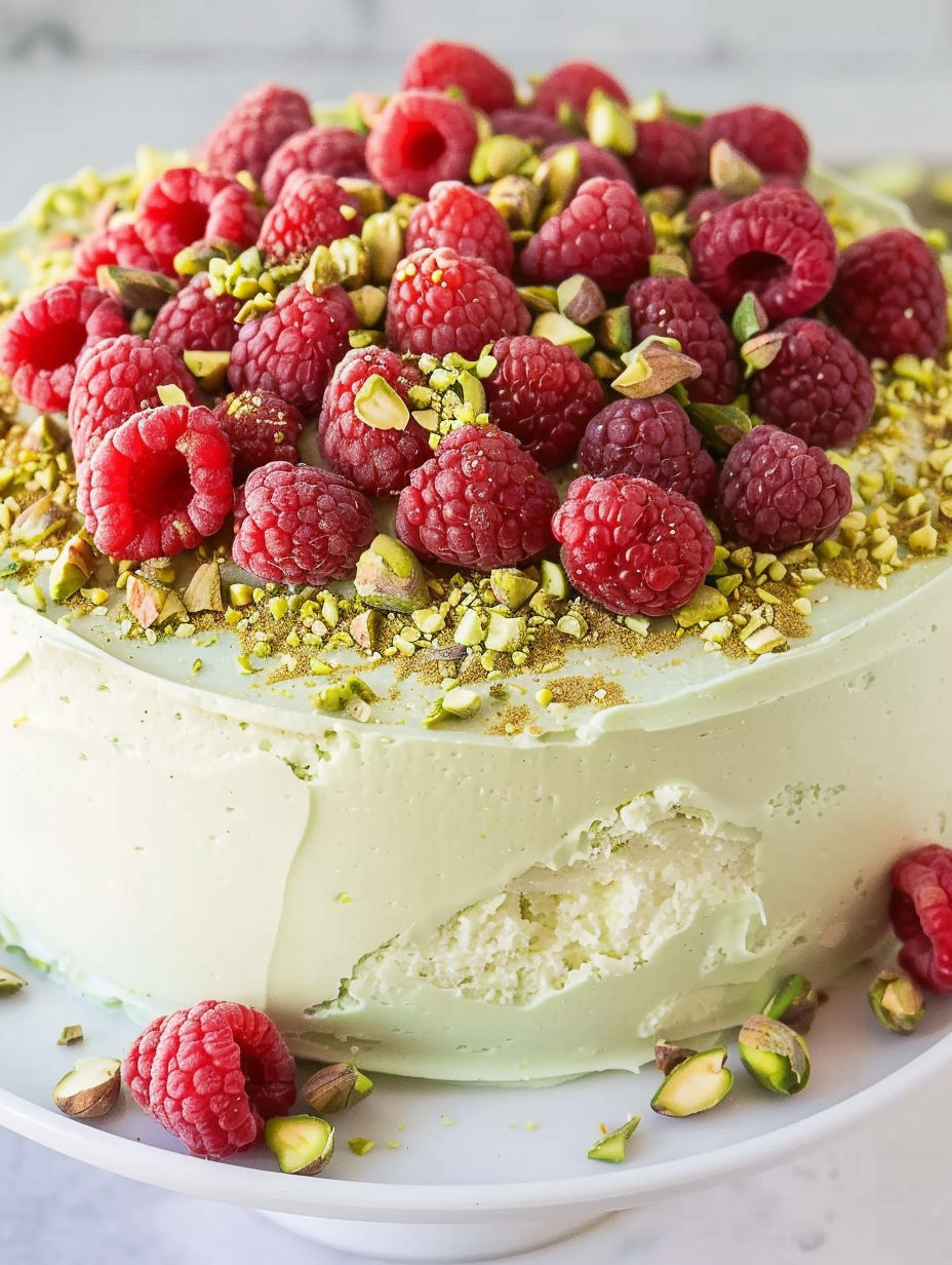 A close up of a Raspberry Pistachio Cake.