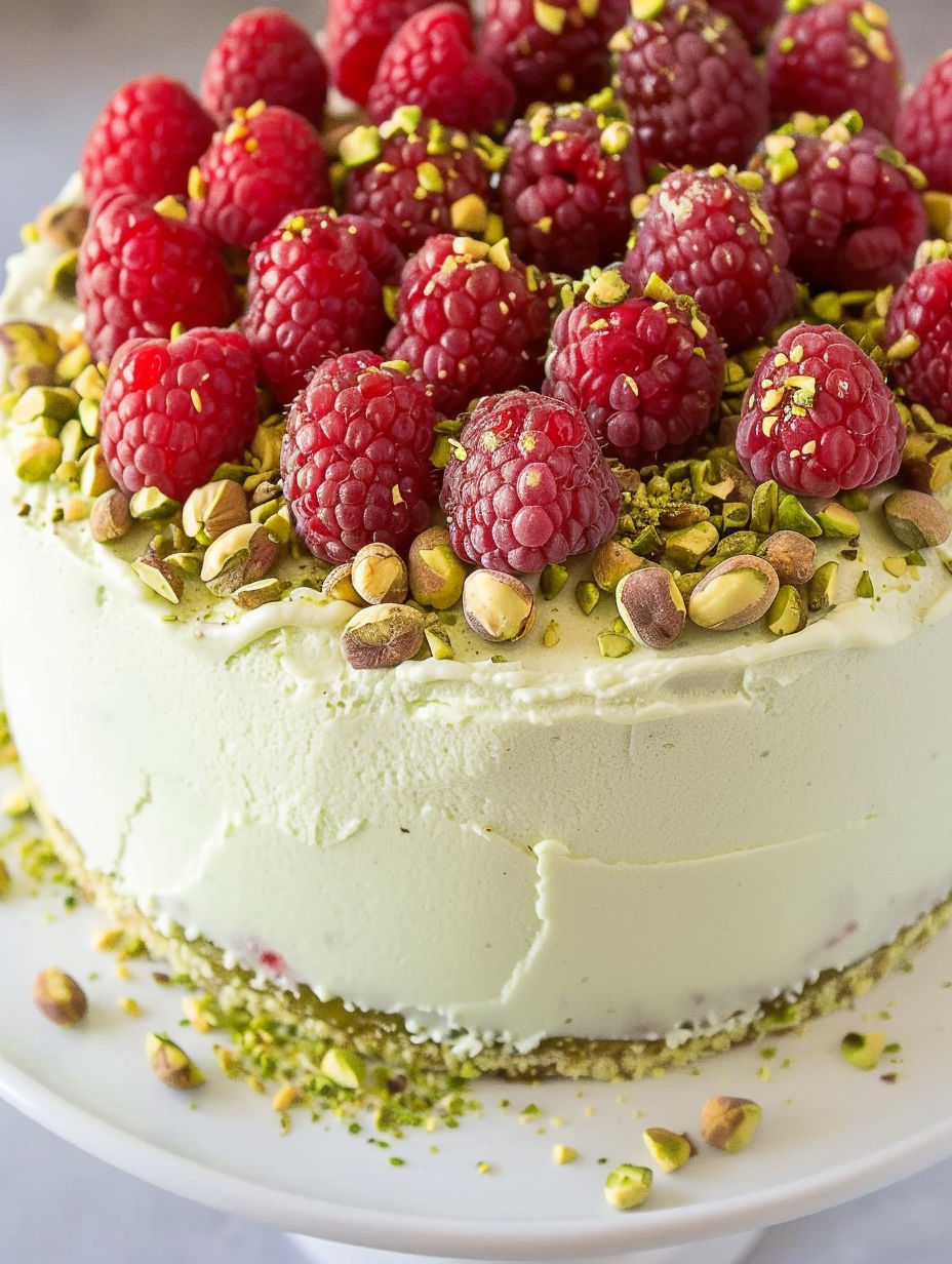 A close up of a Raspberry Pistachio Cake.