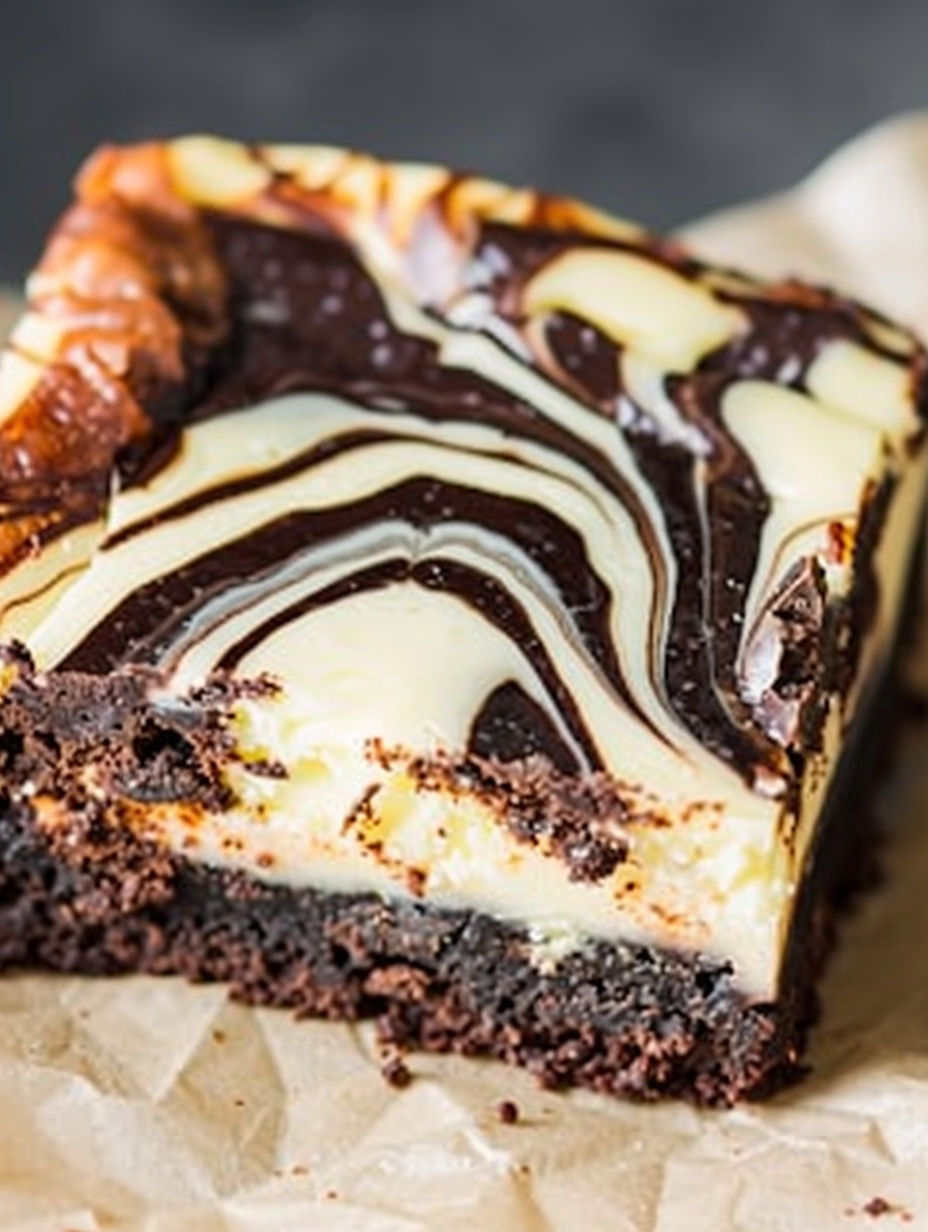 A slice of chocolate cheesecake brownie.