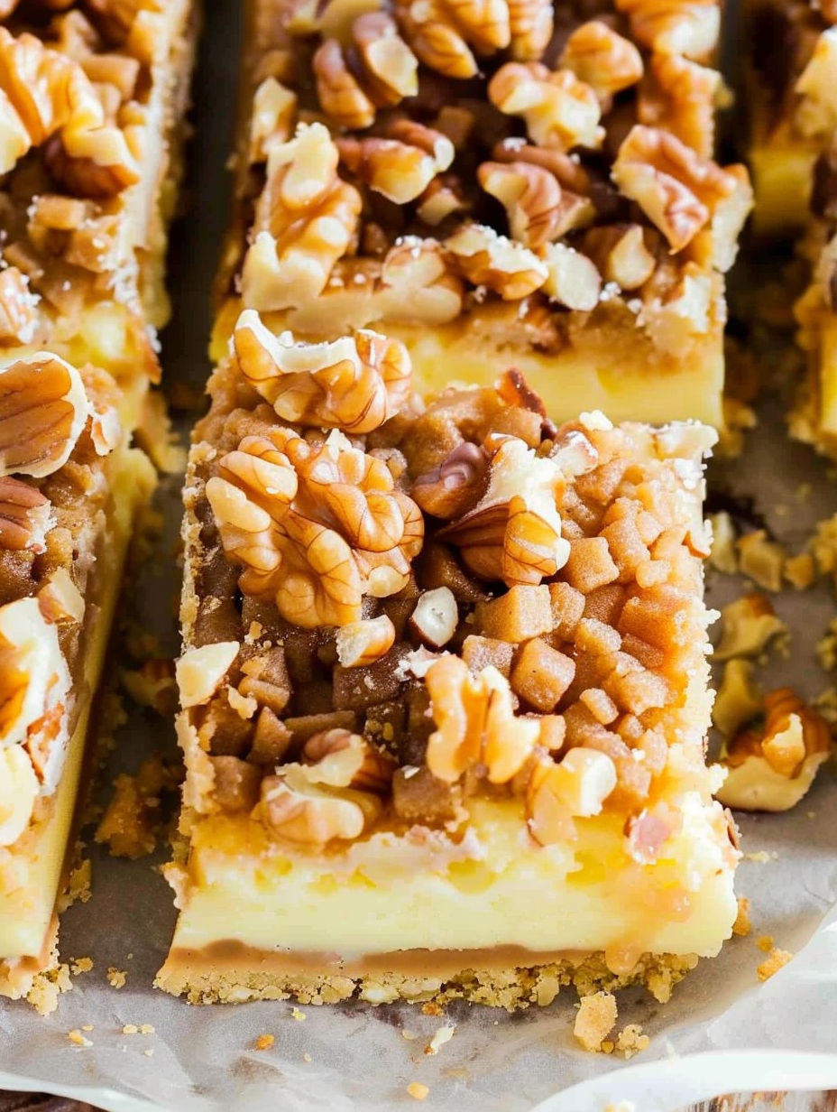 A slice of cake with walnuts on top.
