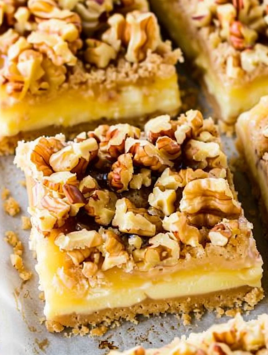 A slice of cake with nuts on top.
