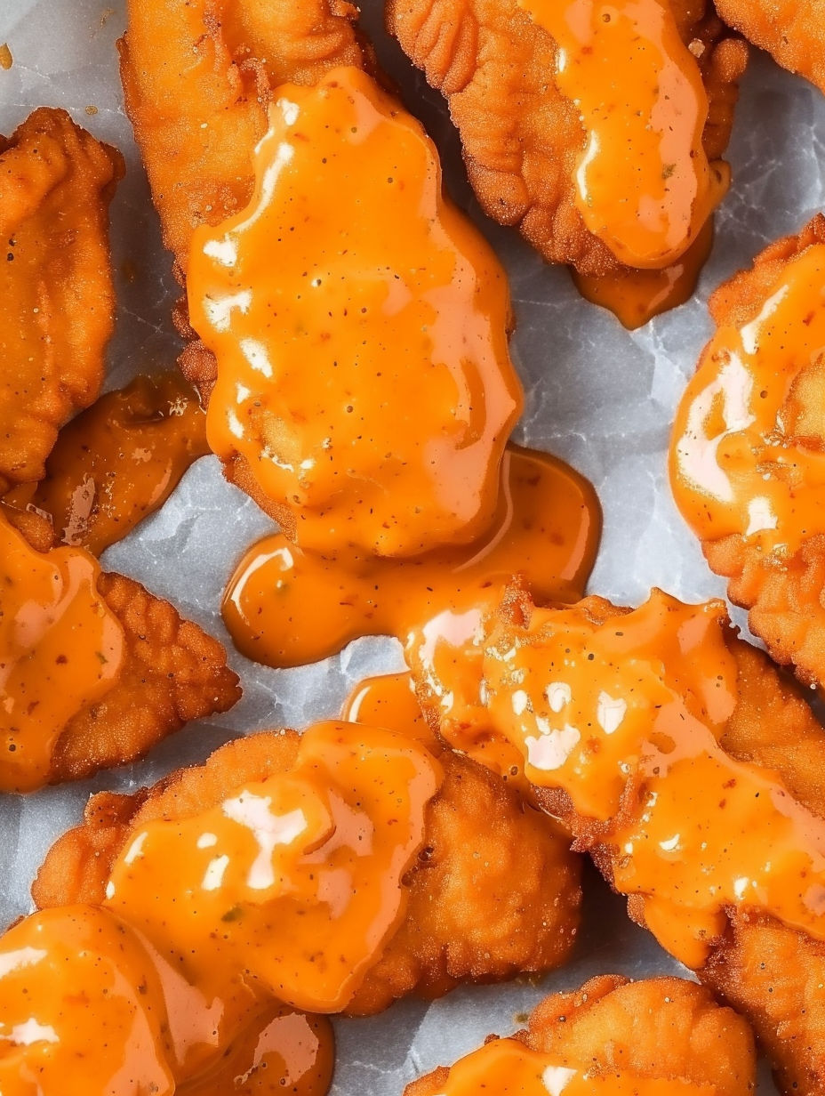 Buffalo chicken tenders on a tray.