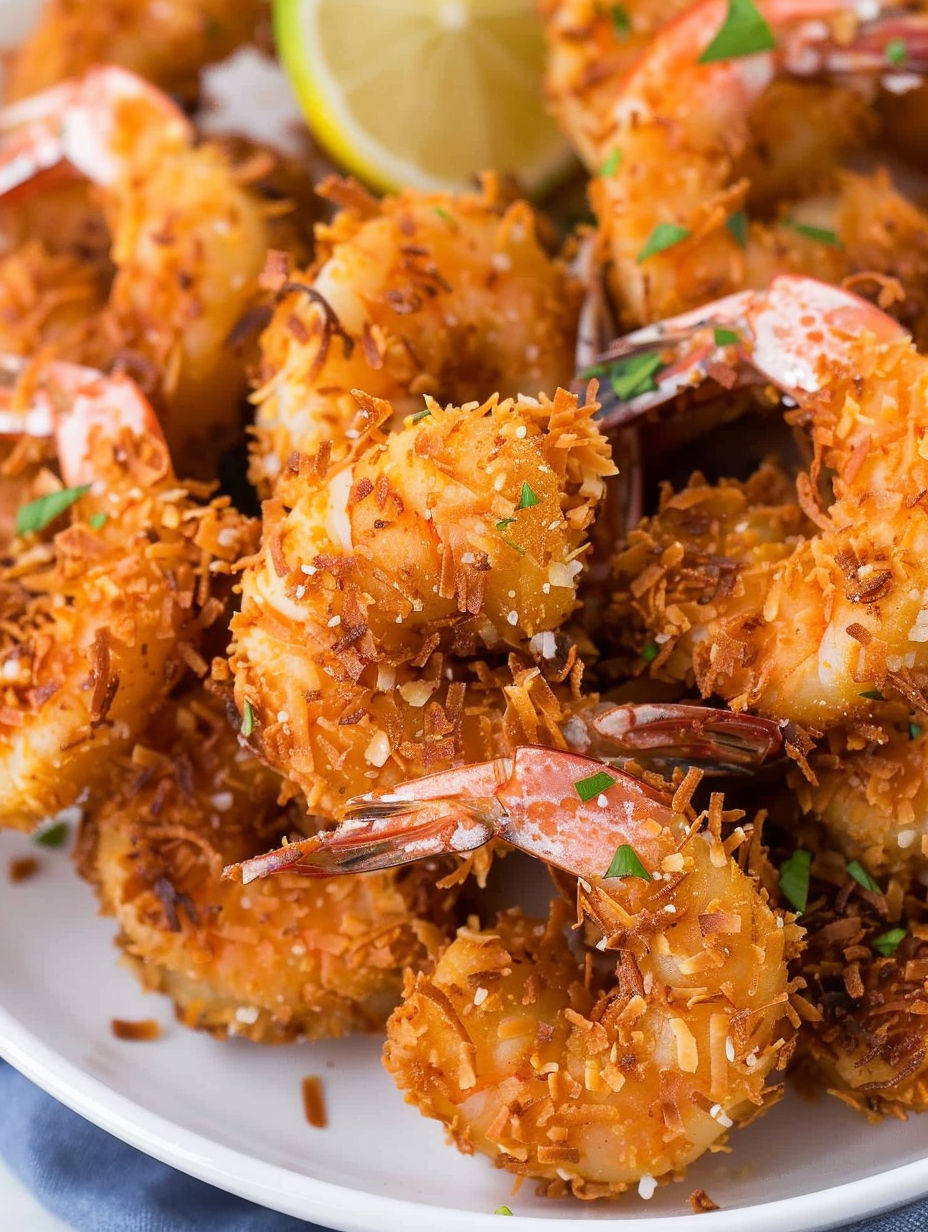 A plate of shrimp with a lemon wedge on top.