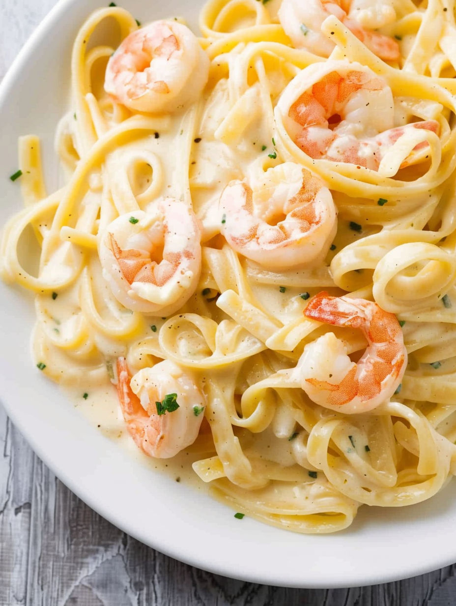 A plate of fettuccine alfredo with shrimp.