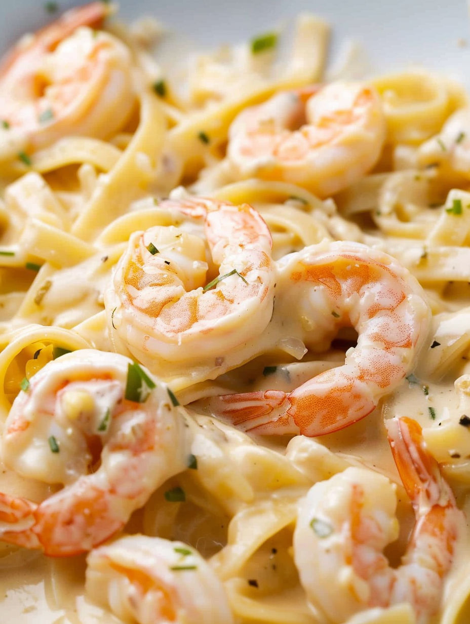 A plate of fettuccine alfredo with shrimp.