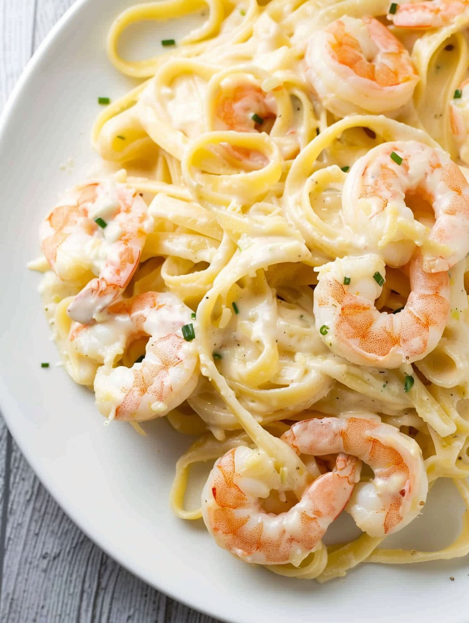 A plate of fettuccine alfredo with shrimp.