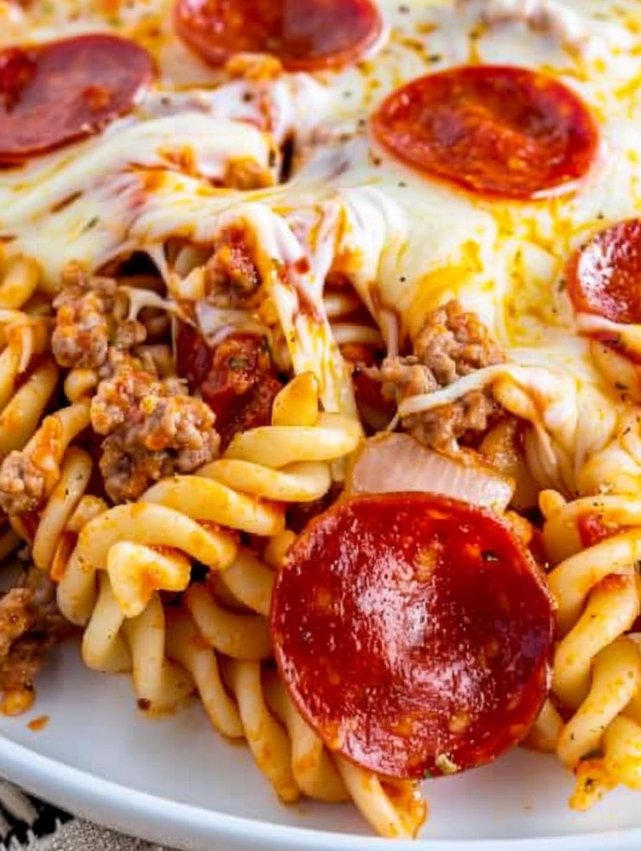 A plate of pasta with pepperoni and cheese.