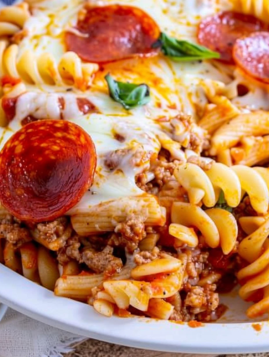 A plate of pasta with pepperoni and cheese on top.