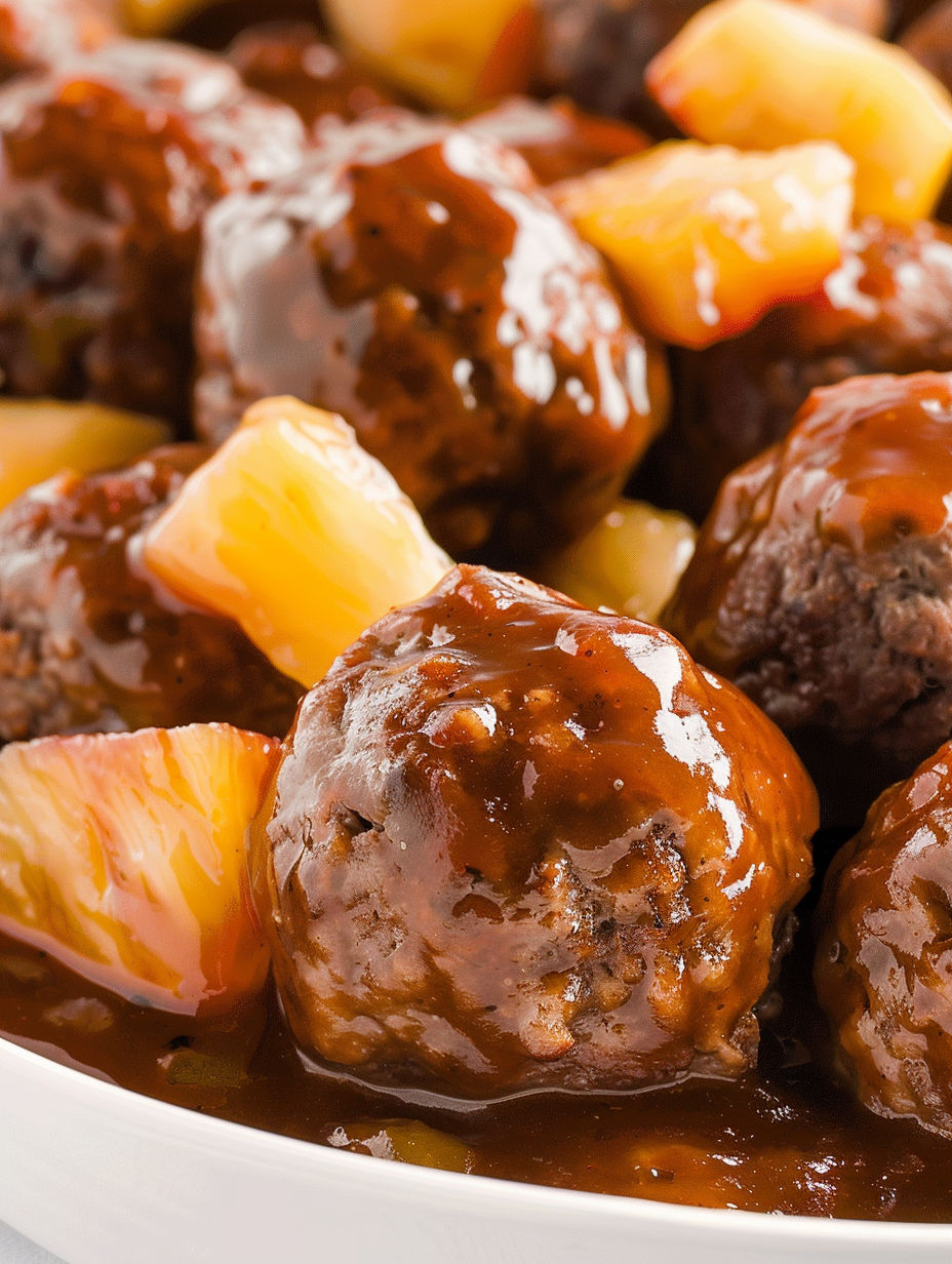 A plate of meatballs covered in a sweet and sour sauce.