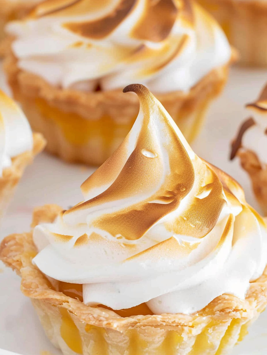 A close up of a mini lemon meringue pie.