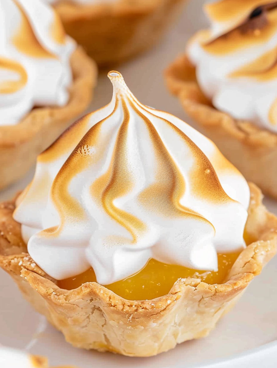 A close up of a mini lemon meringue pie with whipped cream.