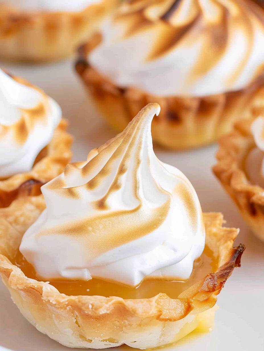 A close up of a mini lemon meringue pie.