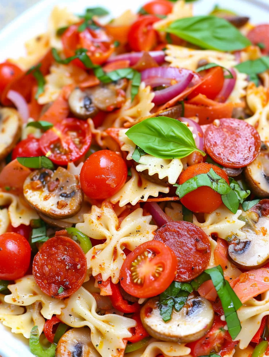 A close up of a pizza with tomatoes, mushrooms, and pasta.