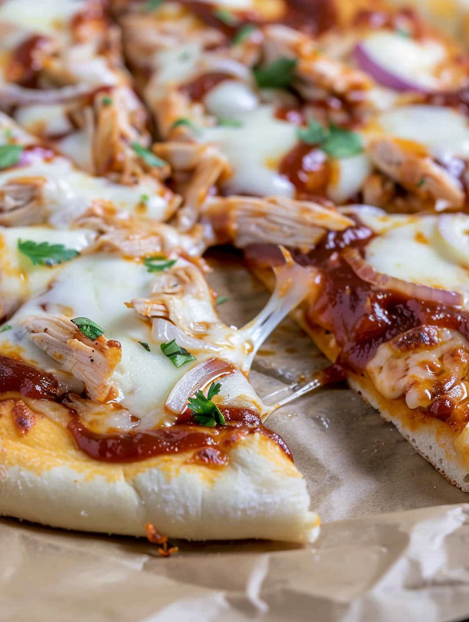A slice of BBQ chicken pizza.