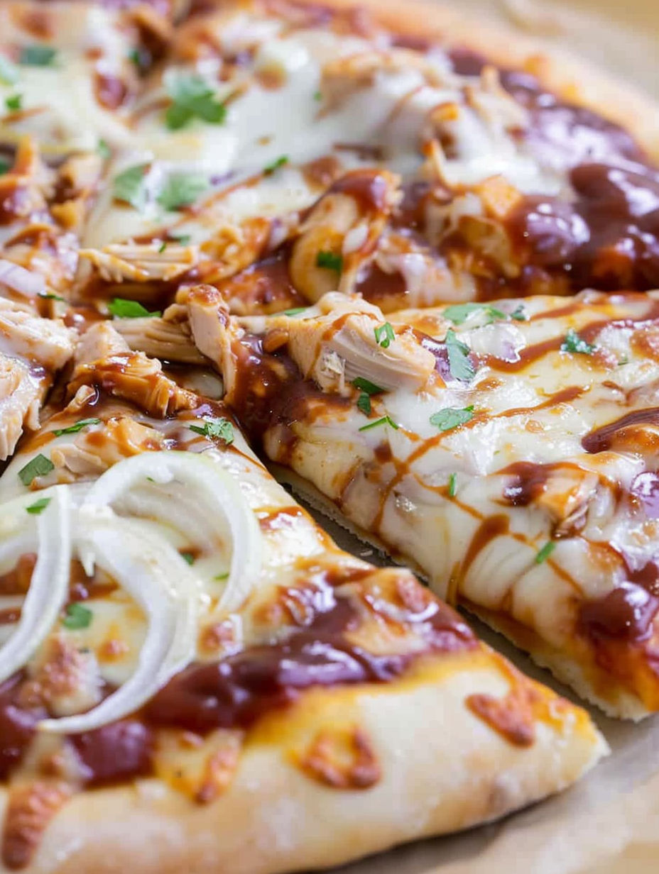 A BBQ chicken pizza with onions and sauce.