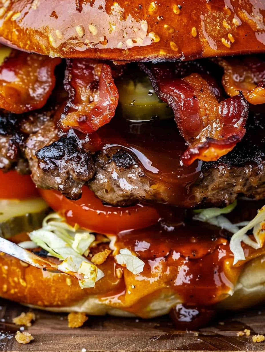 A burger with bacon and tomato sauce.