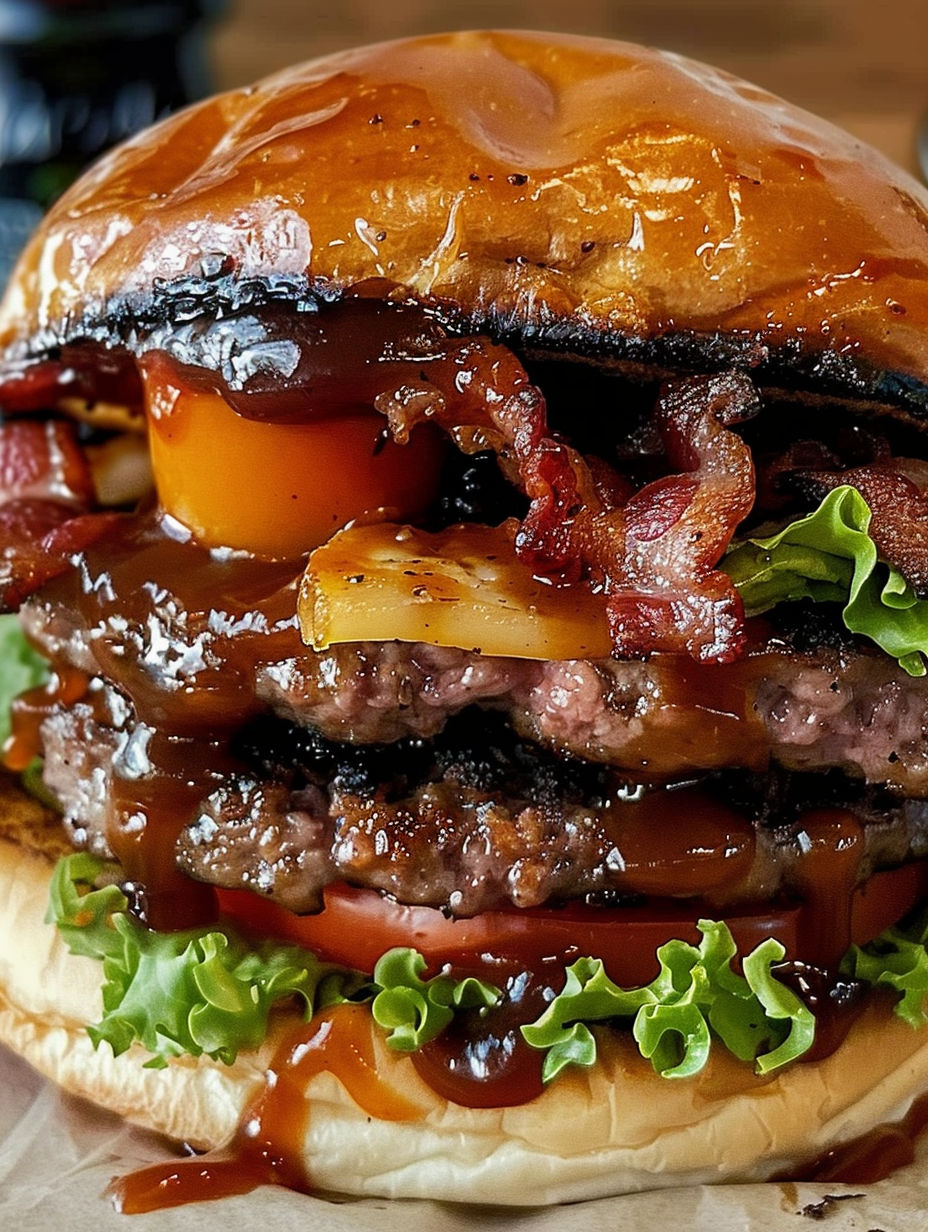 A close up of a burger with bacon and tomato.