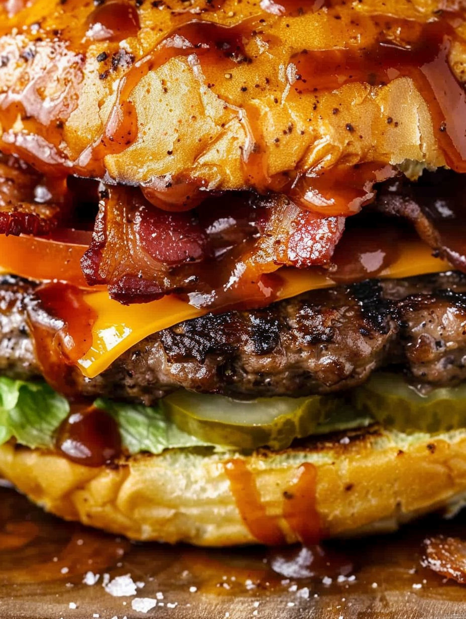 A close up of a burger with bacon and BBQ sauce.