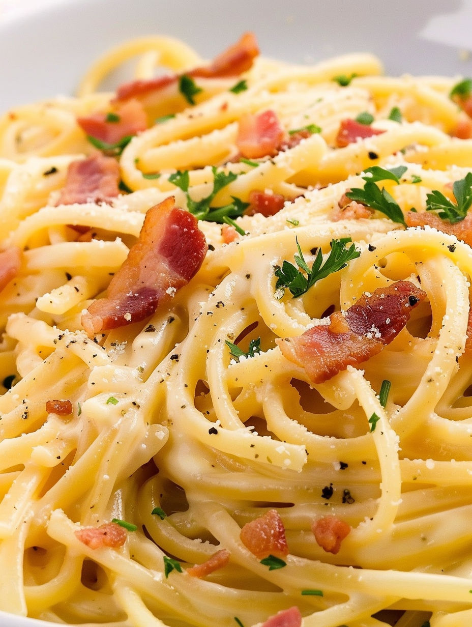 A plate of pasta with bacon and cheese.