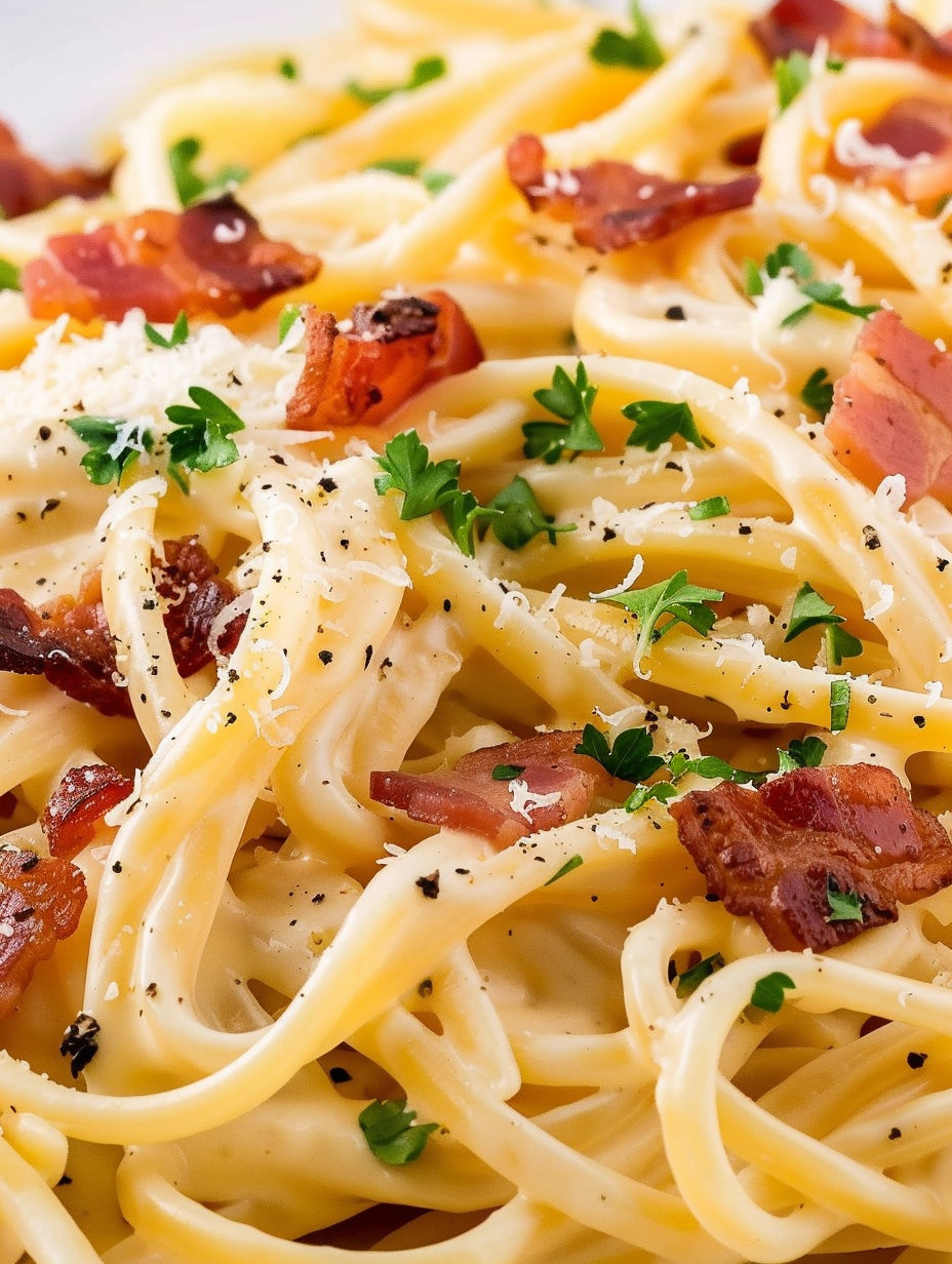 A plate of pasta with bacon and cheese.