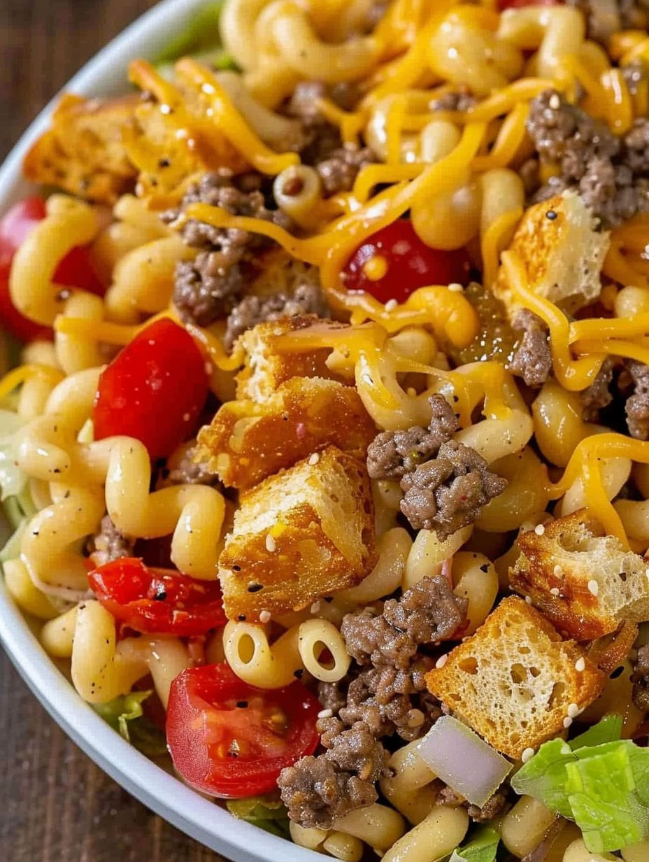A bowl of pasta salad with cheese and meat.