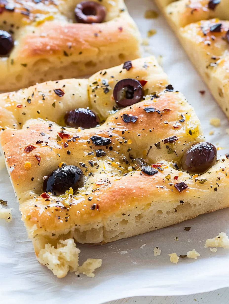 A slice of olive focaccia.