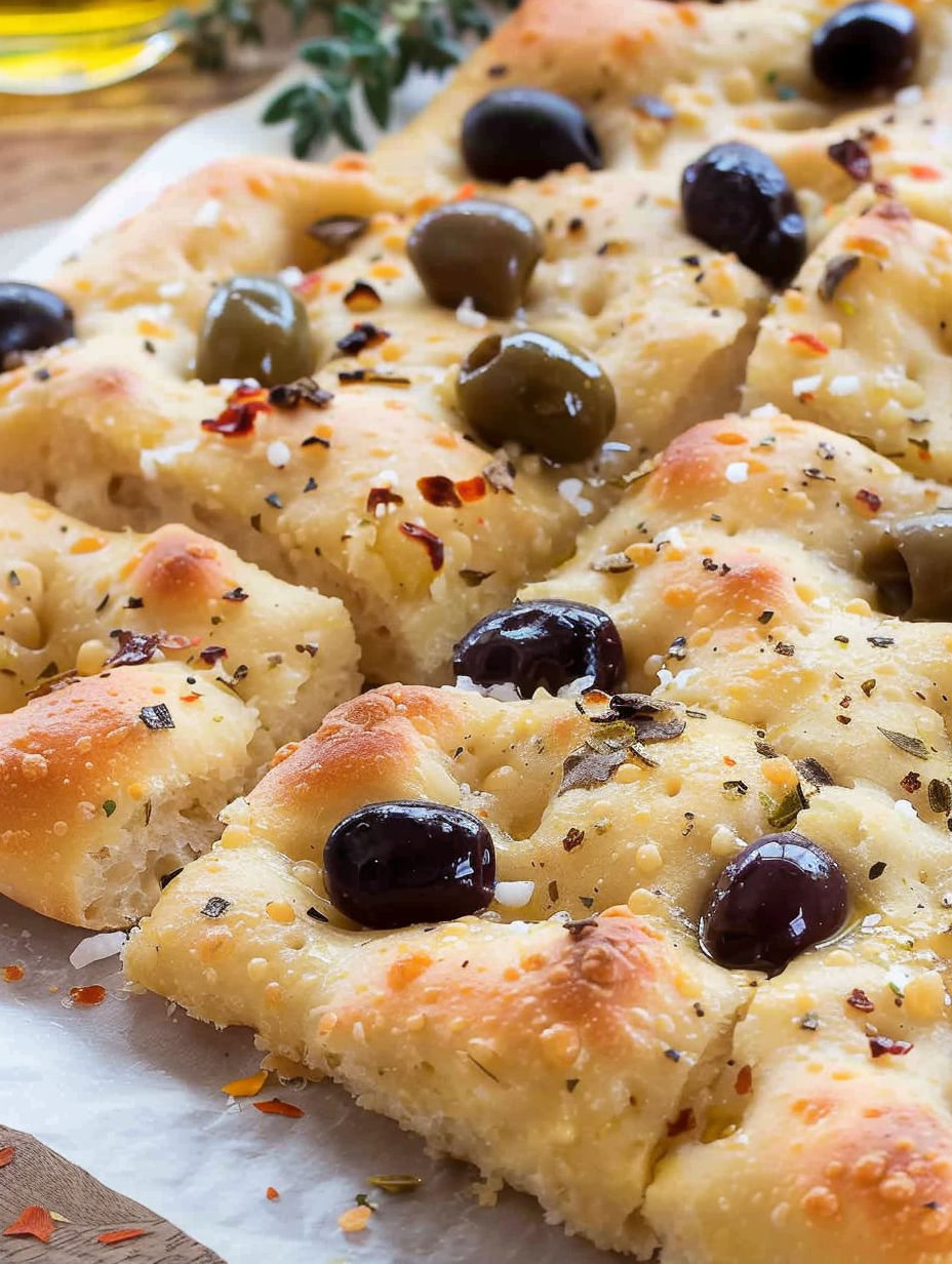 A close up of a delicious olive focaccia.