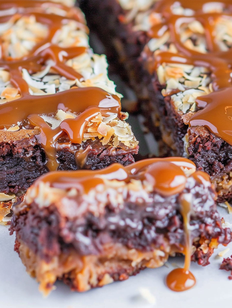 A close up of a piece of chocolate cake with caramel drizzled on top.