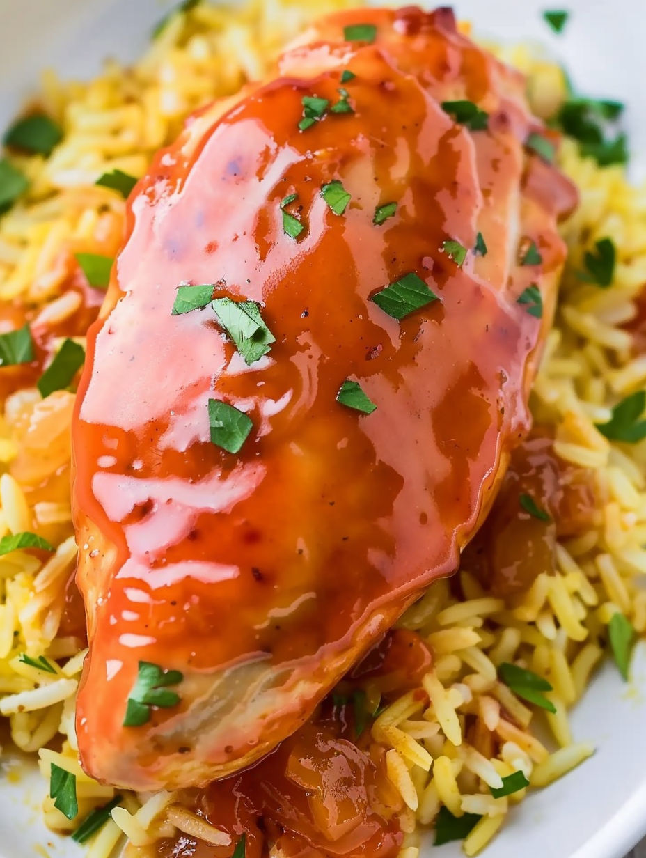 A piece of chicken with a sauce on top.