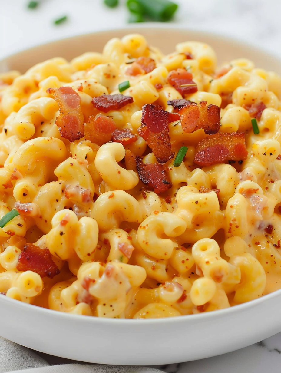 A bowl of mac and cheese with bacon on top.