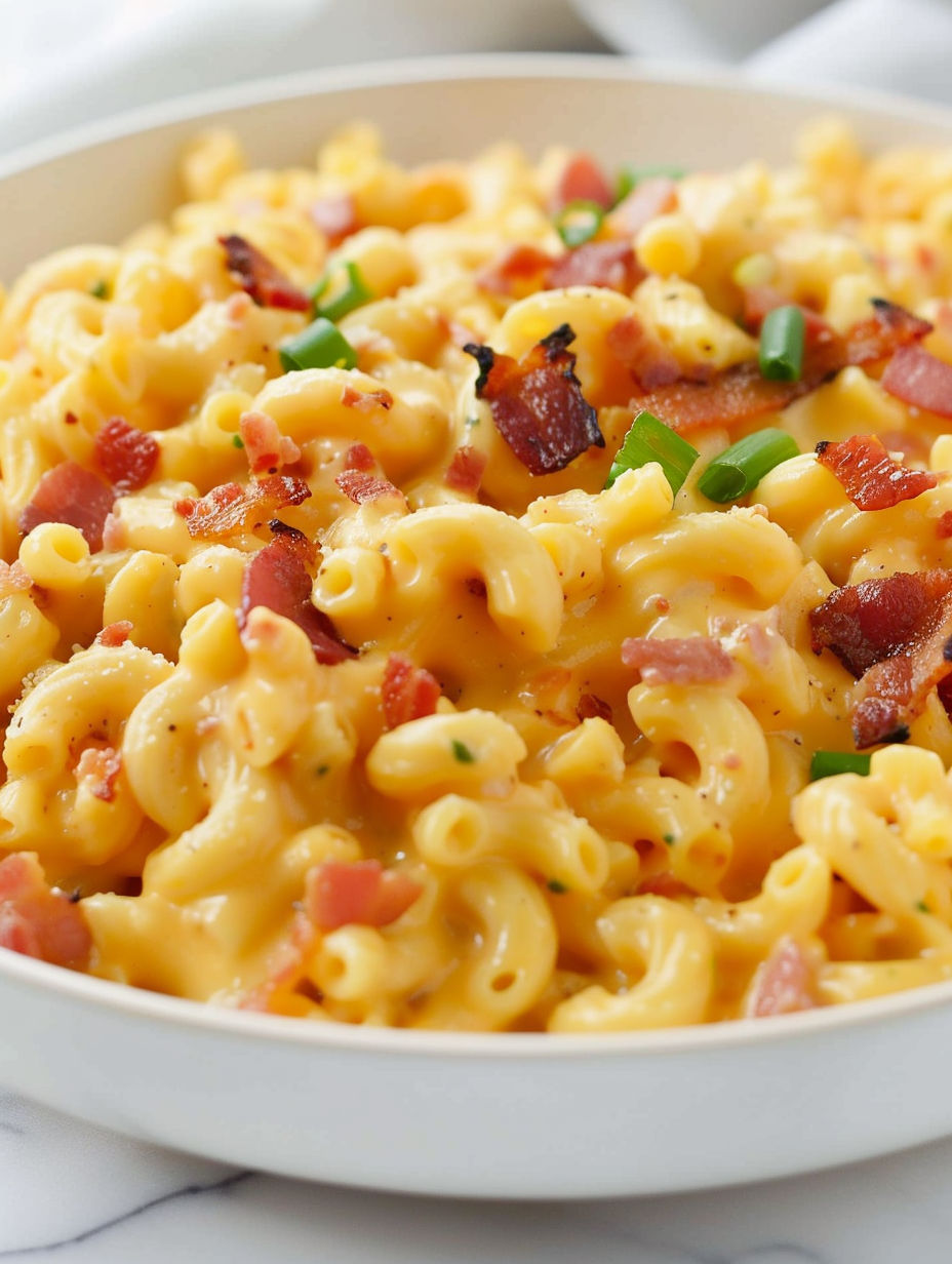 A bowl of mac and cheese with bacon on top.
