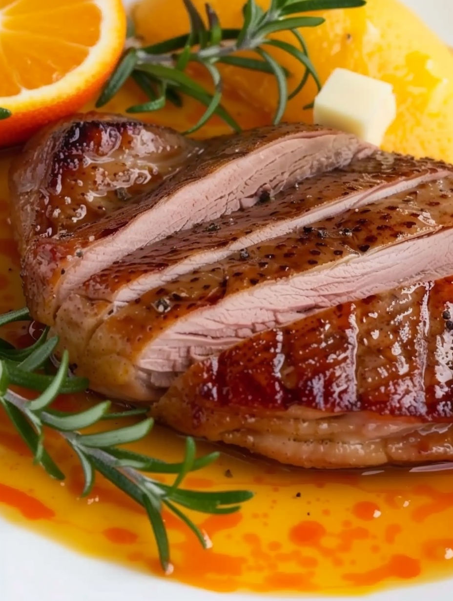 A piece of duck breast in orange sauce.