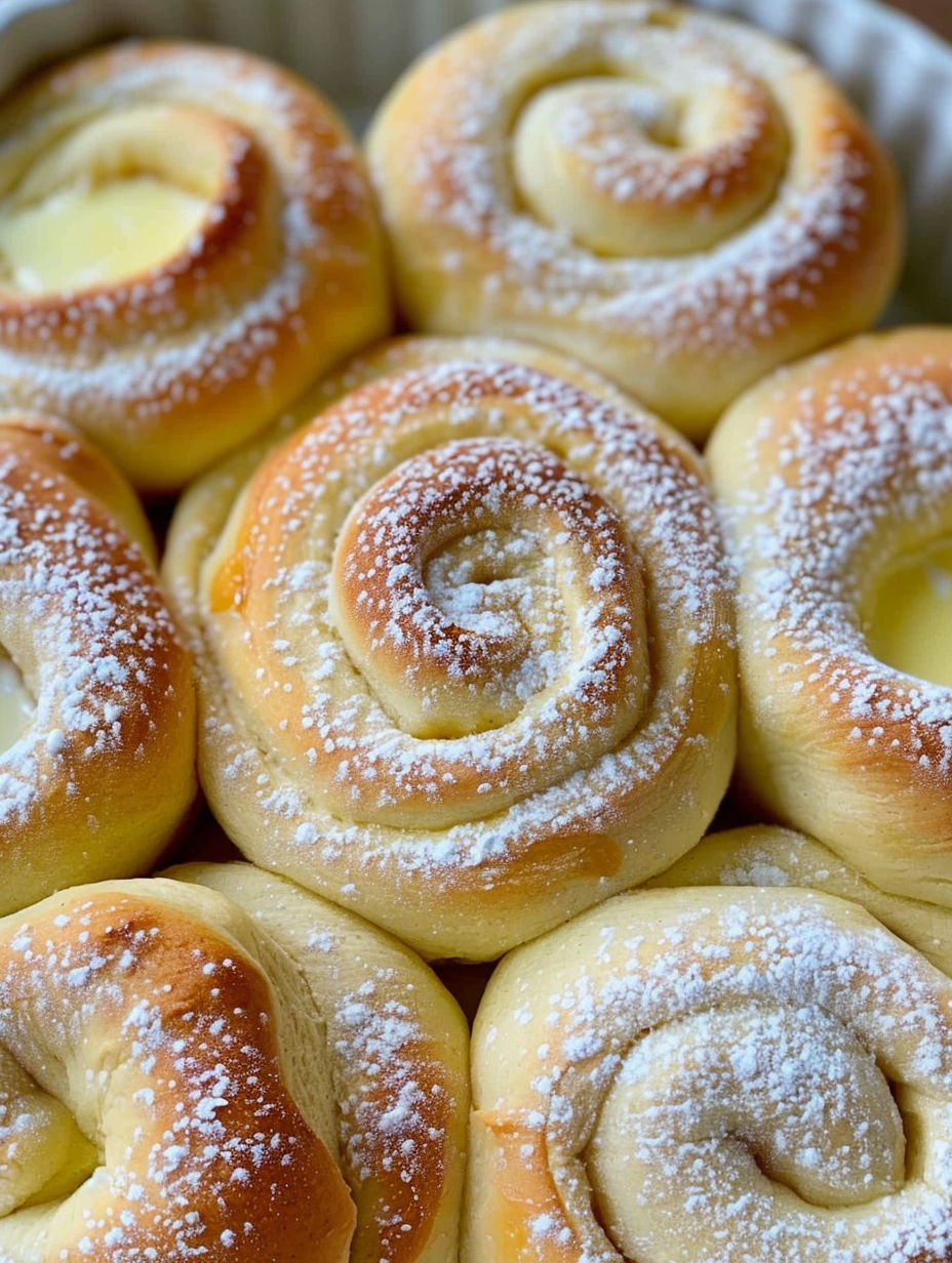 A pile of soft and creamy vanilla pudding rolls.