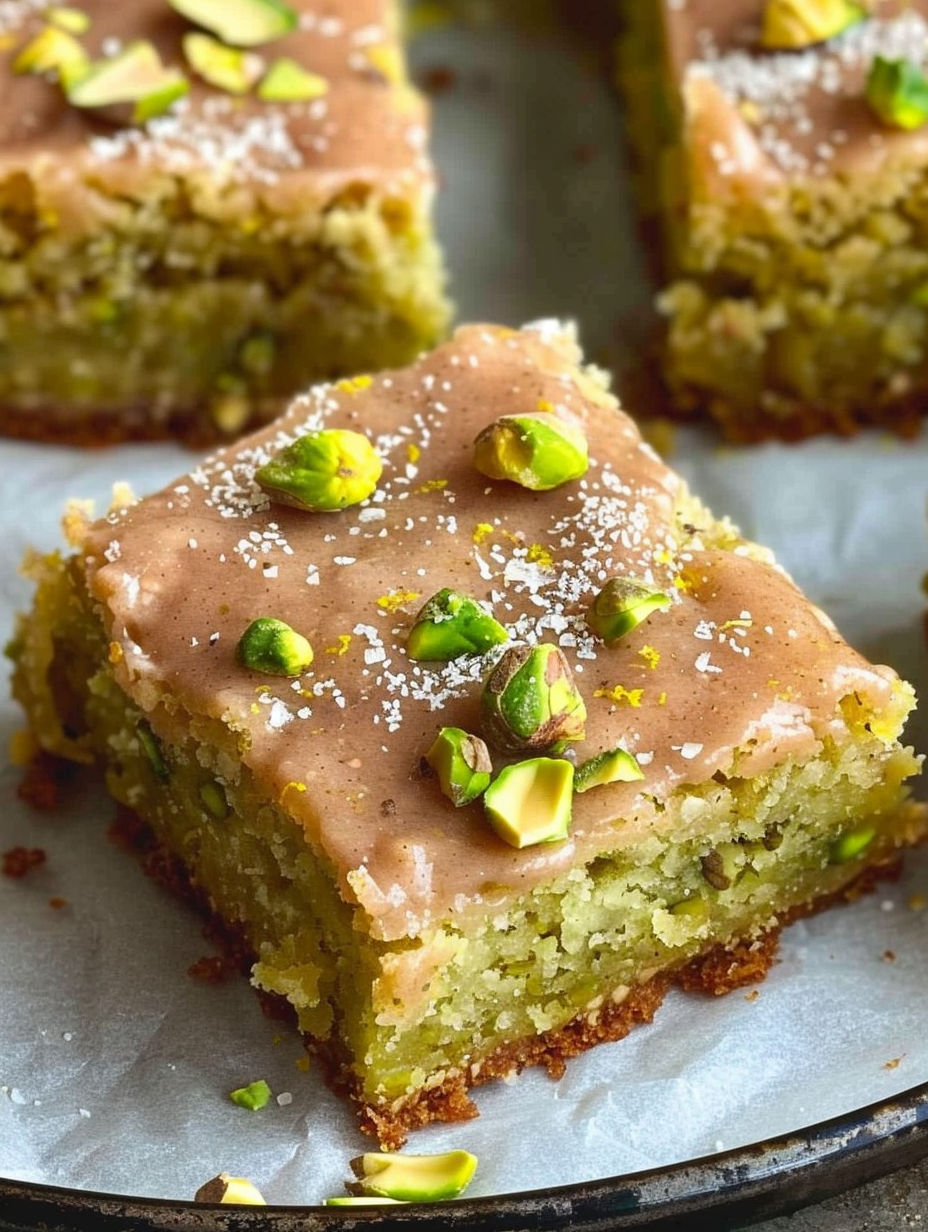 A slice of pistachio cake with lemon and almonds.