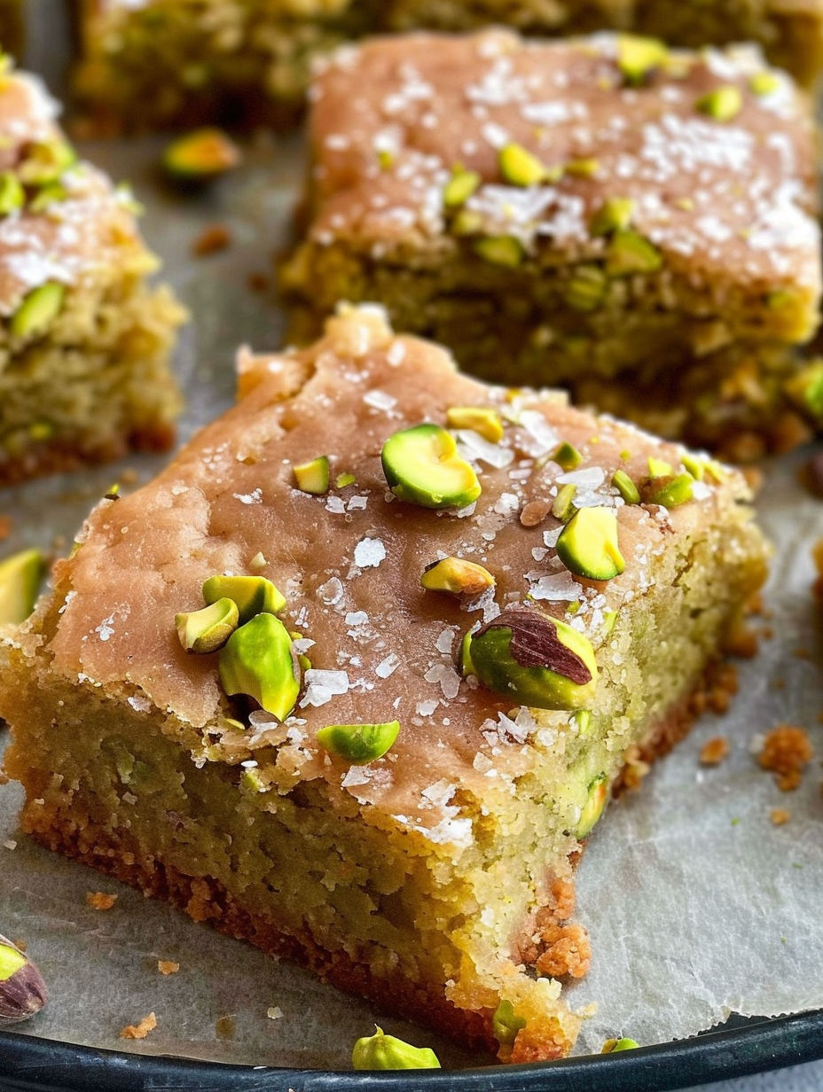 A slice of pistachio cake with lemon and almonds.