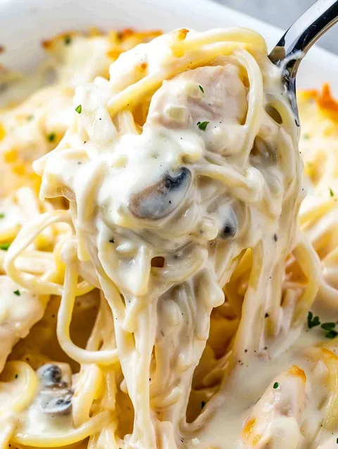 A fork is in a bowl of chicken tetrazzini.