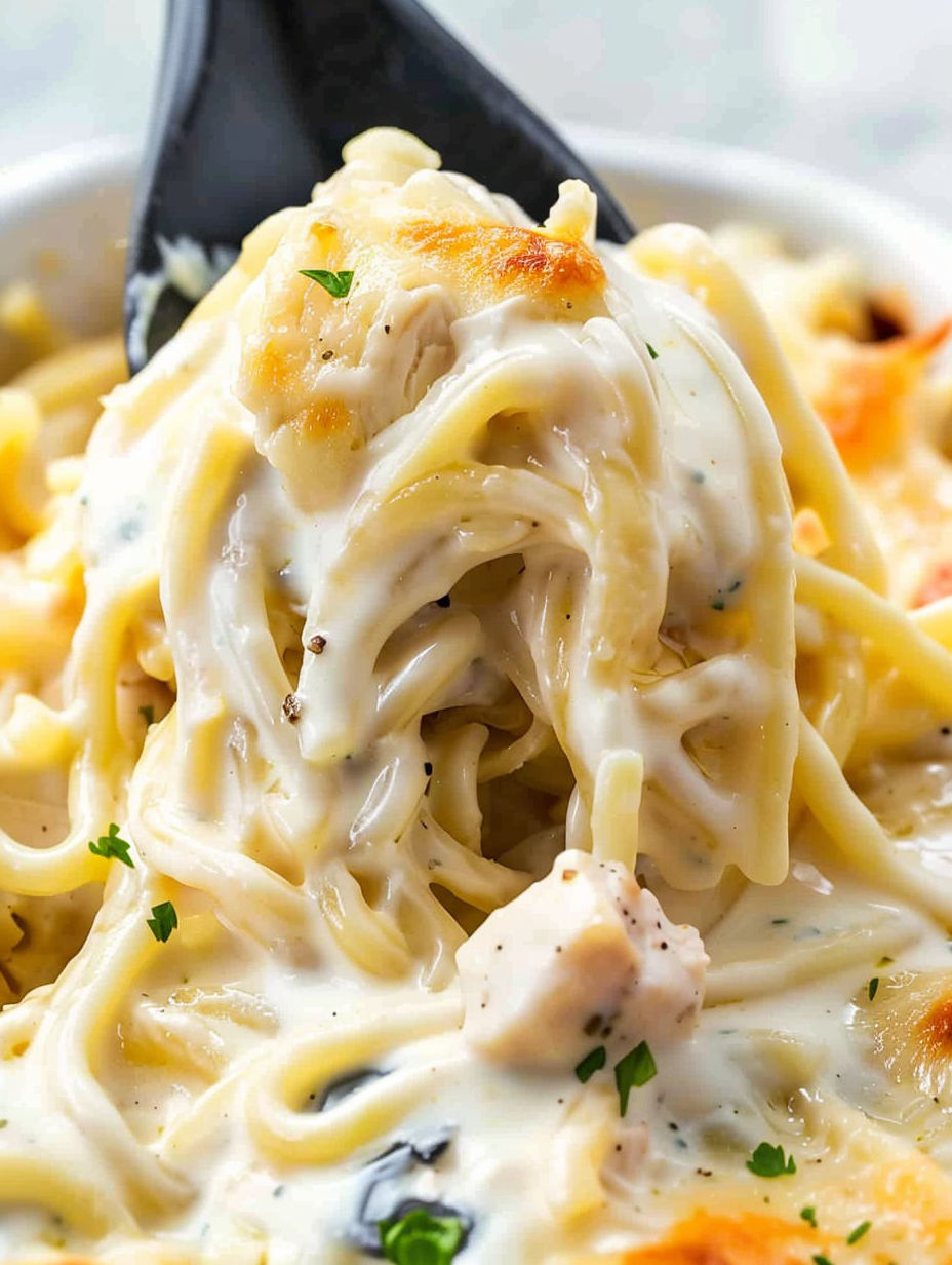 A close up of a bowl of chicken tetrazzini.