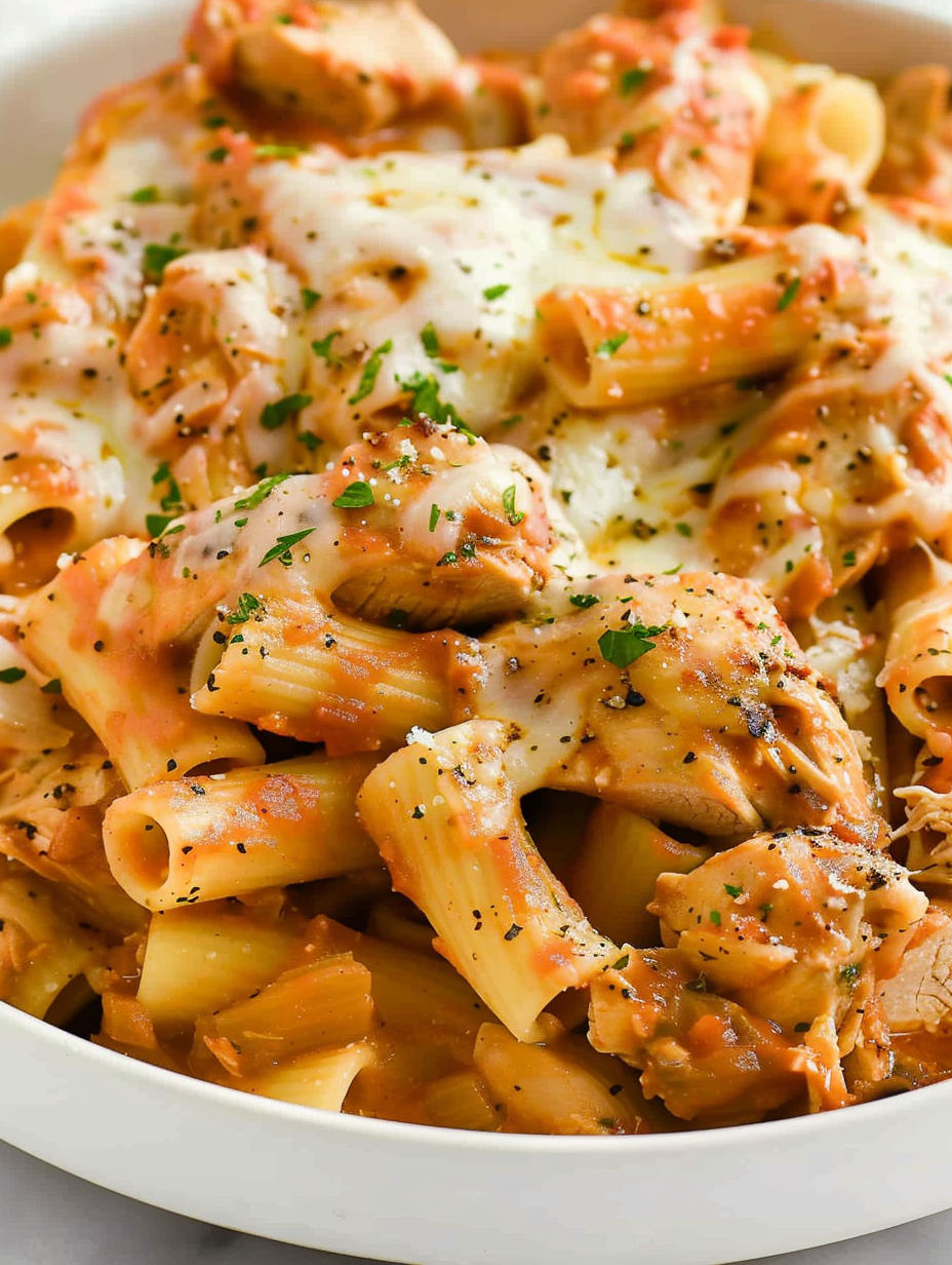A plate of chicken parmesan pasta.
