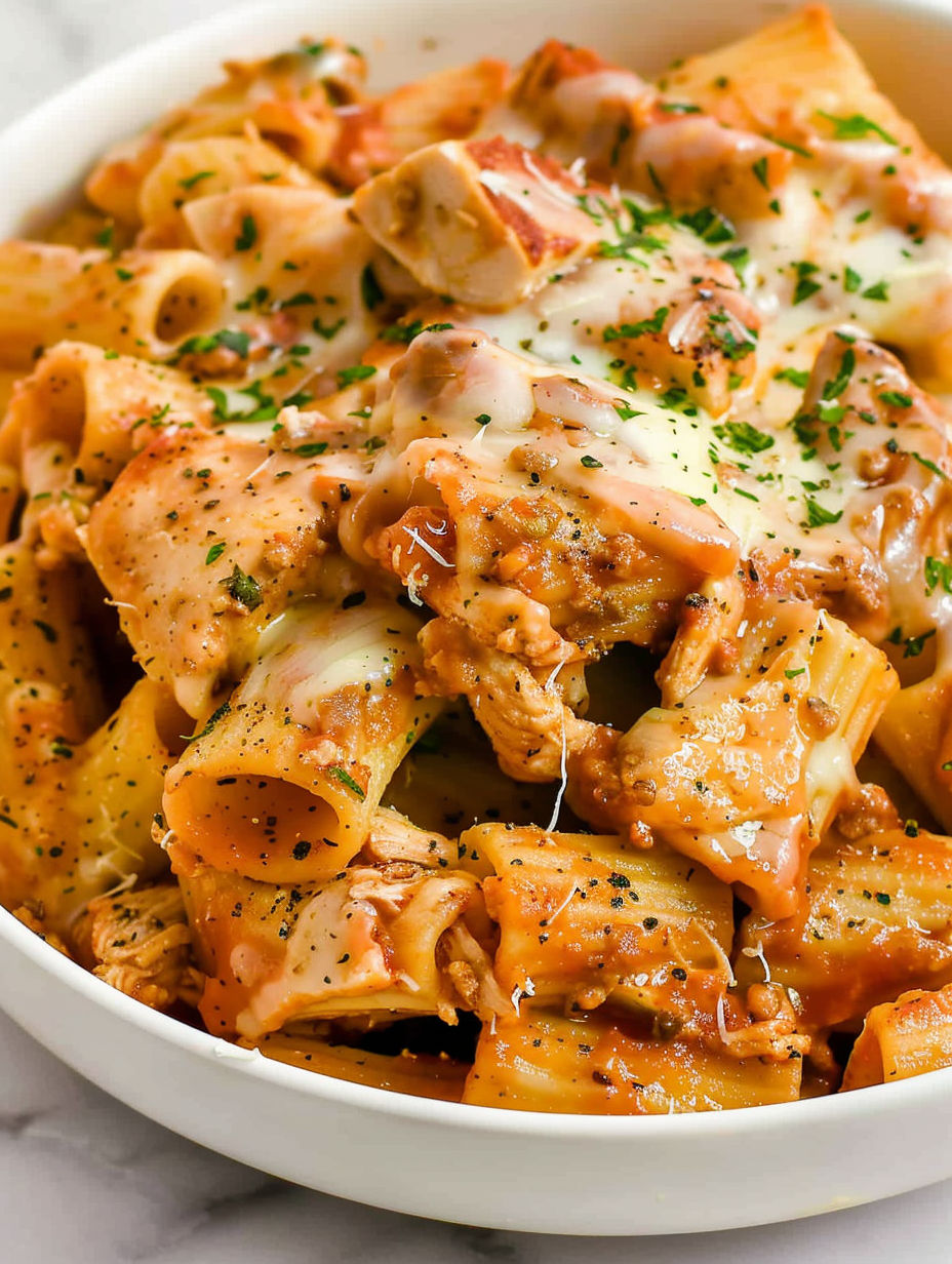 A bowl of pasta with meat and cheese.