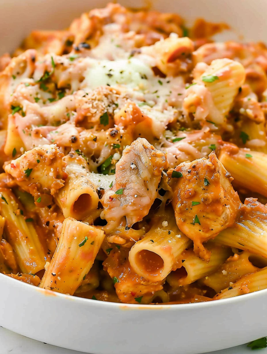 A bowl of pasta with meat and cheese.